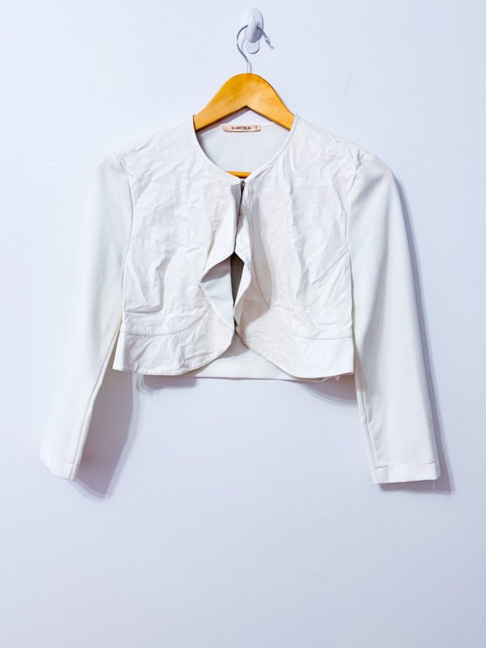 KARTIKA White Faux Leather Cropped Bolero Jacket Long Sleeve Small